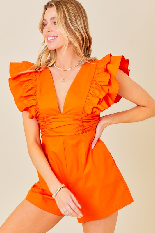 V-NECK ROMPER WITH RUFFLE SLEEVES