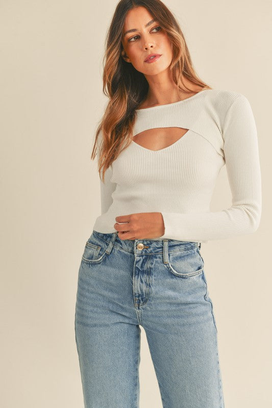 BUST CUT OUT LONG SLEEVE RIBBED KNIT TOP