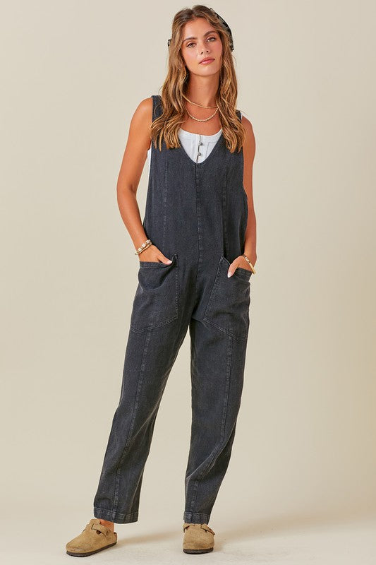 RELAXED FIT WASHED DENIM JUMPSUIT