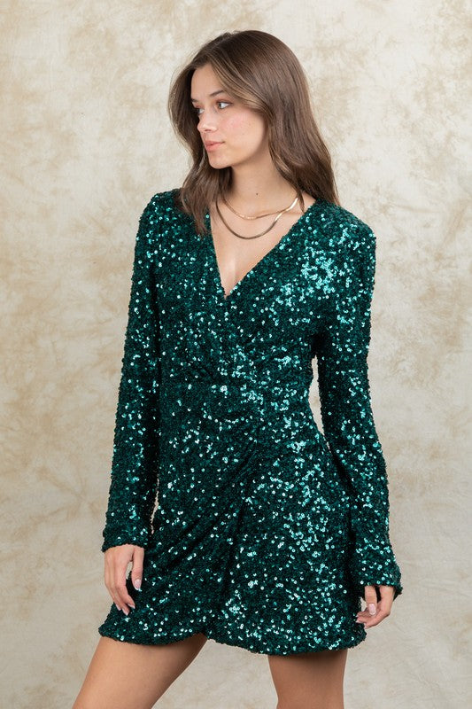 FINAL SALE - Sequin Glitter Holiday Party Wrap Mini Dress