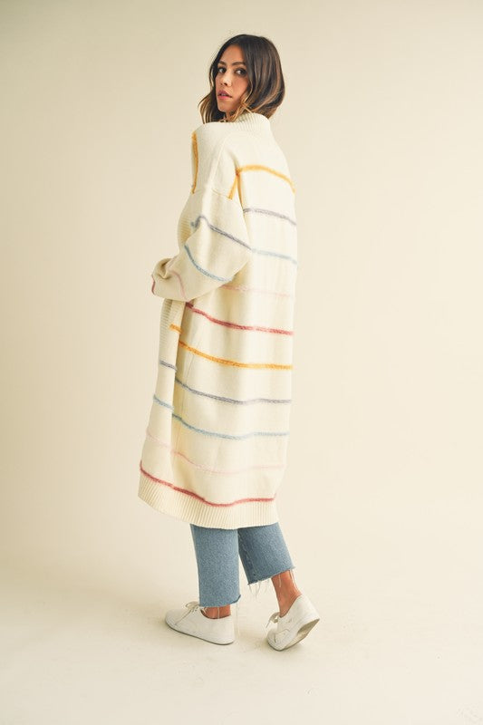MULTI COLOR STRIPE OPEN LONG MIDI CARDIGAN