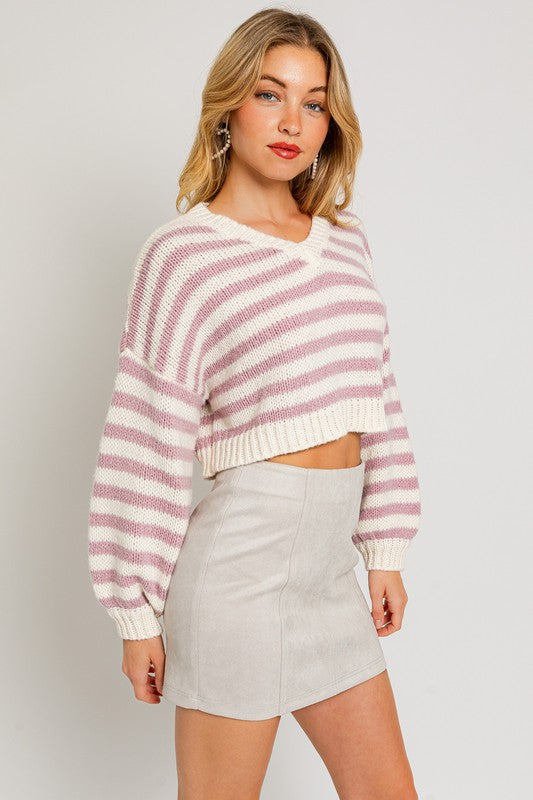 LONG SLEEVE V-NECK STRIPED CROPPED SWEATER