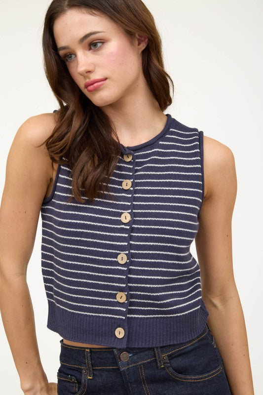 STRIPE RAW EDGE BUTTON DOWN CARDIGAN VEST