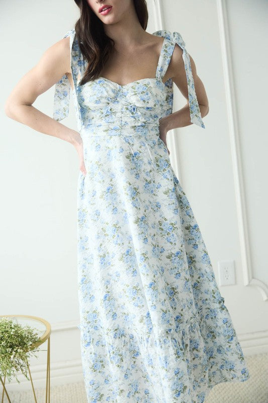 Floral Tie Strap Ruched Detail Maxi Dress