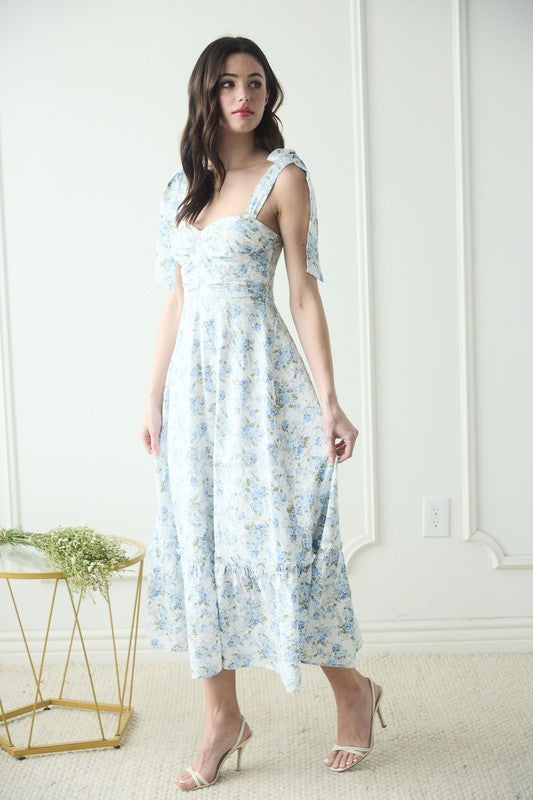 Floral Tie Strap Ruched Detail Maxi Dress