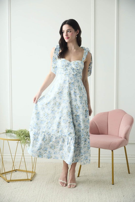 Floral Tie Strap Ruched Detail Maxi Dress