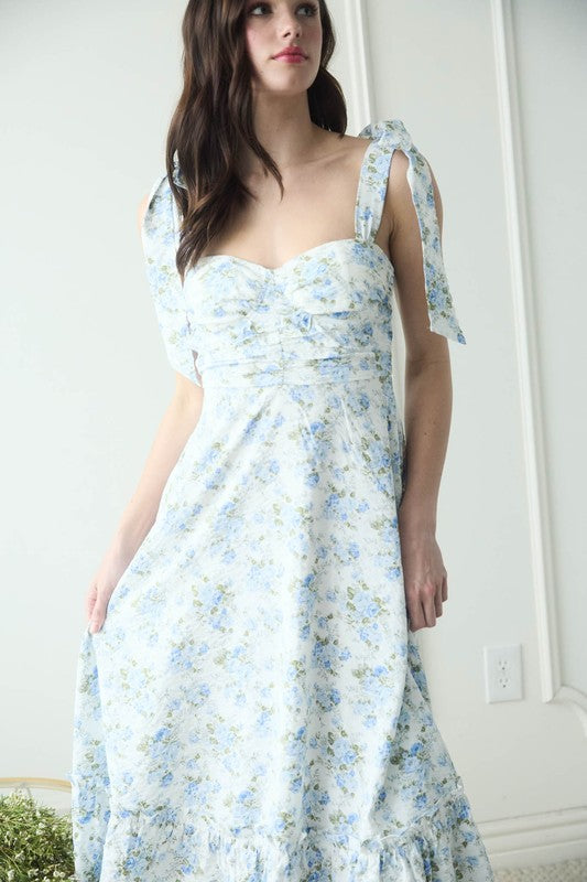 Floral Tie Strap Ruched Detail Maxi Dress