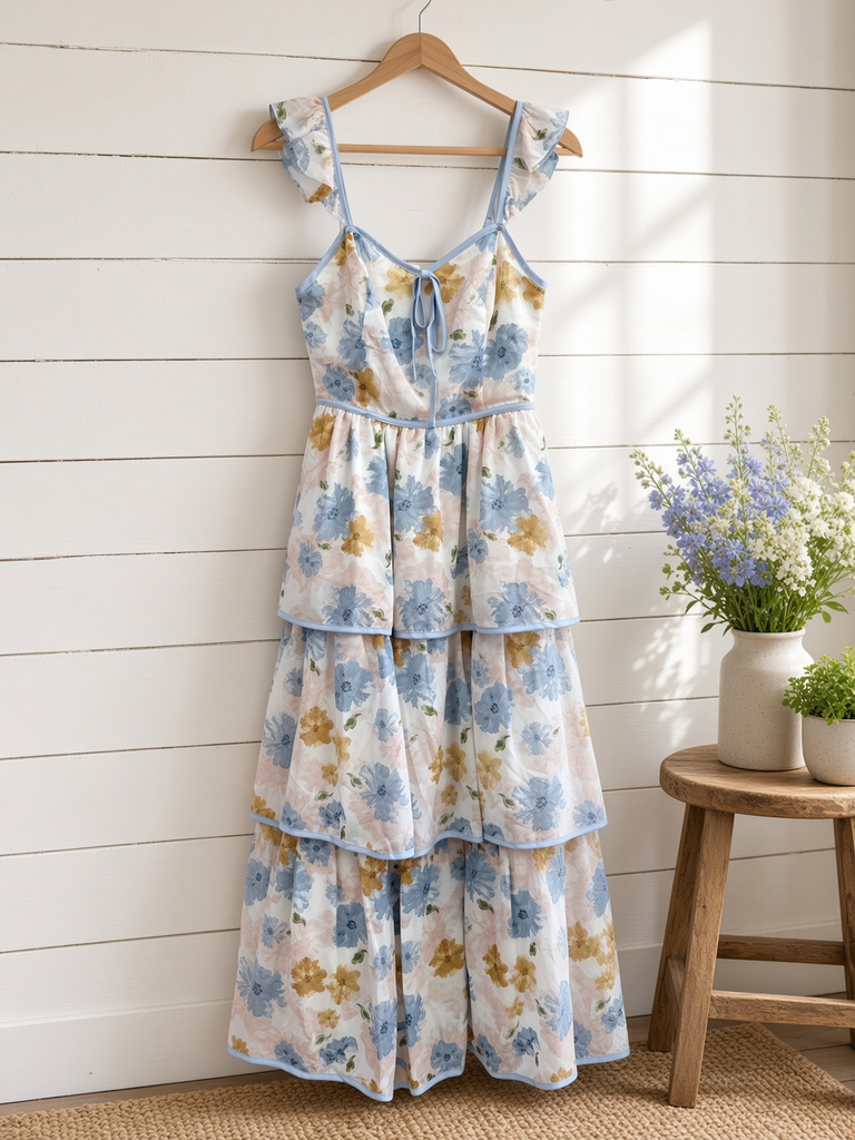 Floral Midi Dress With Ruffled Straps