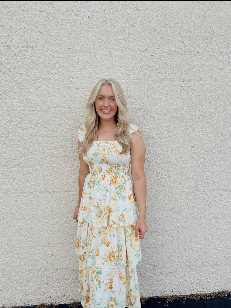 FLORAL TIERED MIDI DRESS