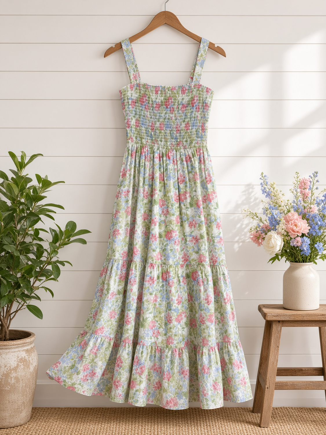 Smocked Cotton Floral Maxi Dress