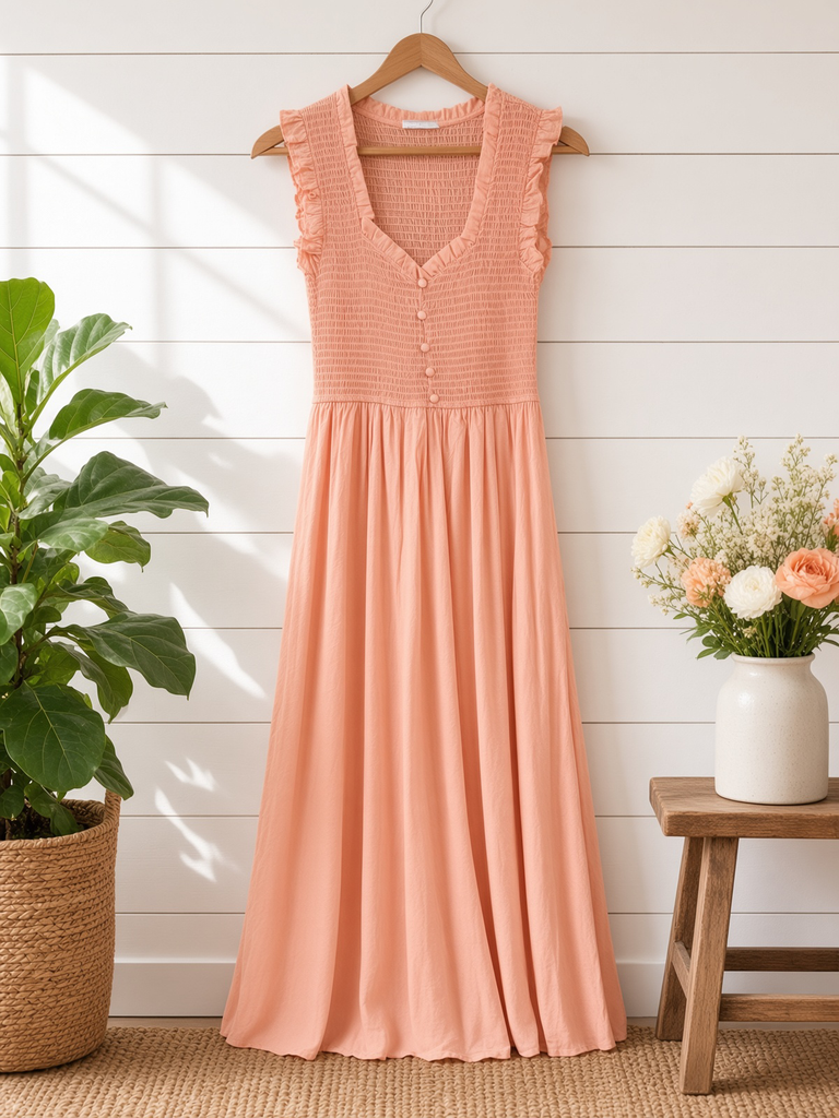 Sweetheart Smocked Mock Button Midi Dress