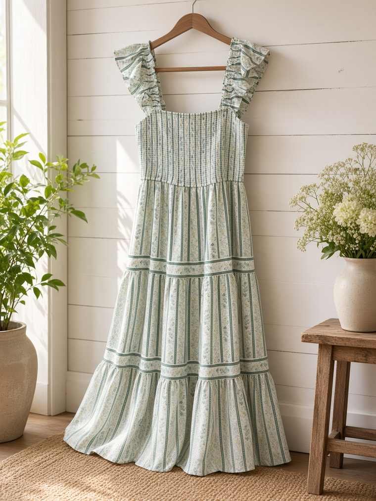 Stripe Floral Pattern Smocked Tiered Midi Dress