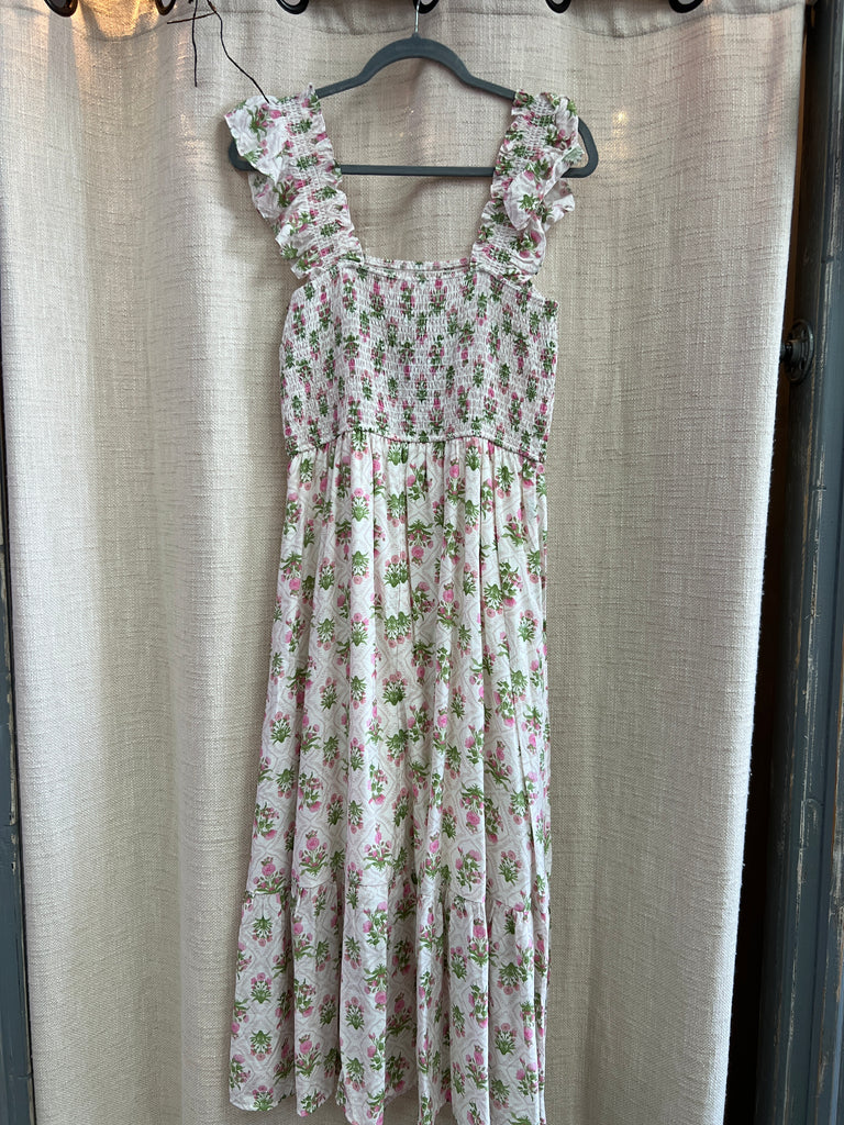Floral Tile Pattern Smocked Sleeveless Midi Dress