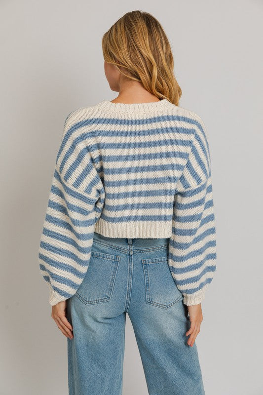 LONG SLEEVE V-NECK STRIPED CROPPED SWEATER