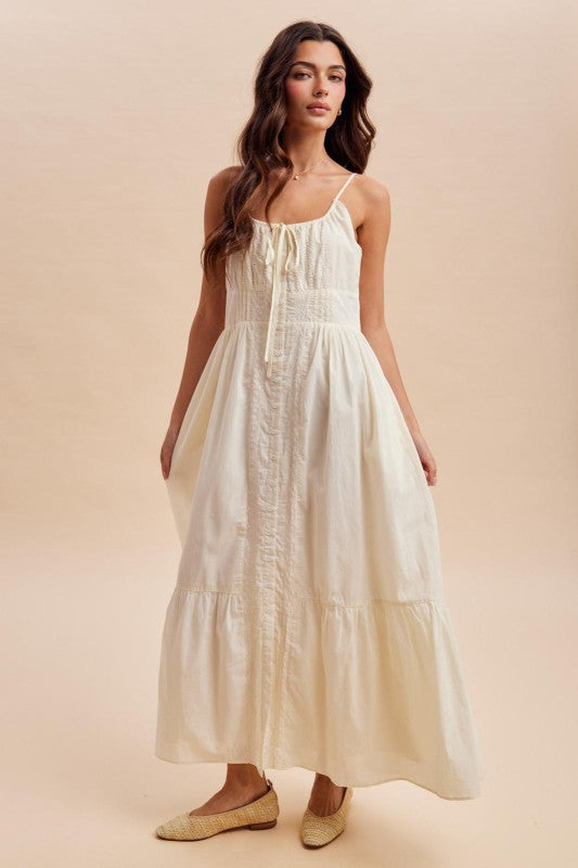 Gathered Cotton Button Down Maxi Dress