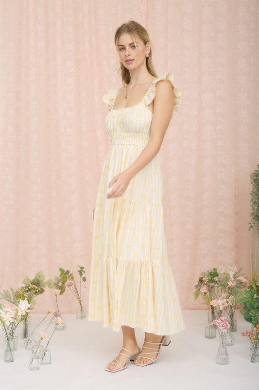 Stripe Floral Flounce Strap Tiered Midi Dress