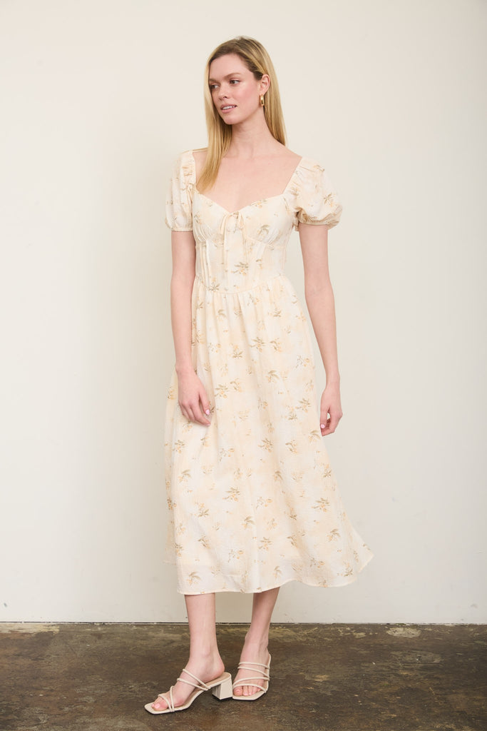 Floral Sweetheart Puff Sleeve Corset Midi Dress