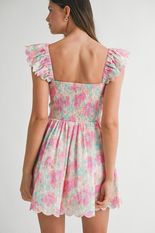 Floral Print Ruffle Sleeve Smocked Mini Dress