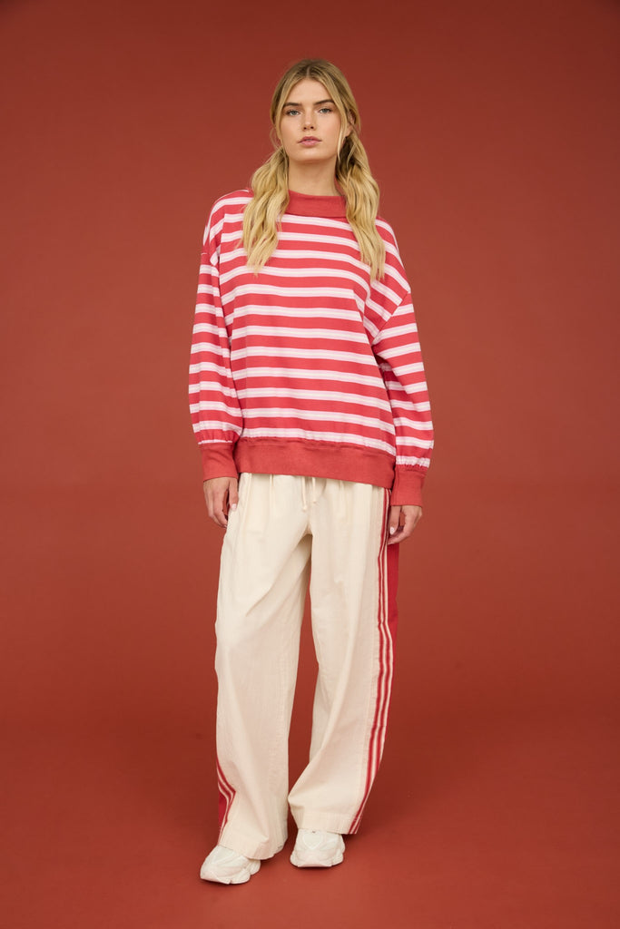Contrast Wide Neck Long Sleeve Stripe Knit Top