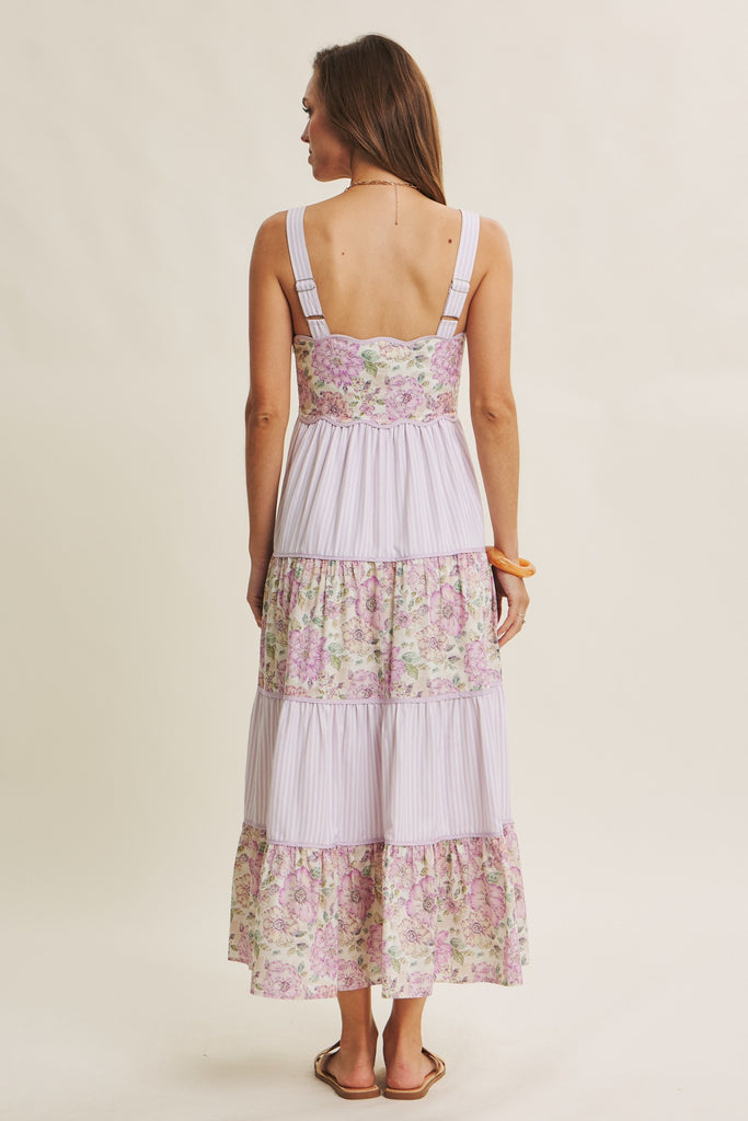 Dreamy Ideal Florals And Stripes Tiered Midi Dress