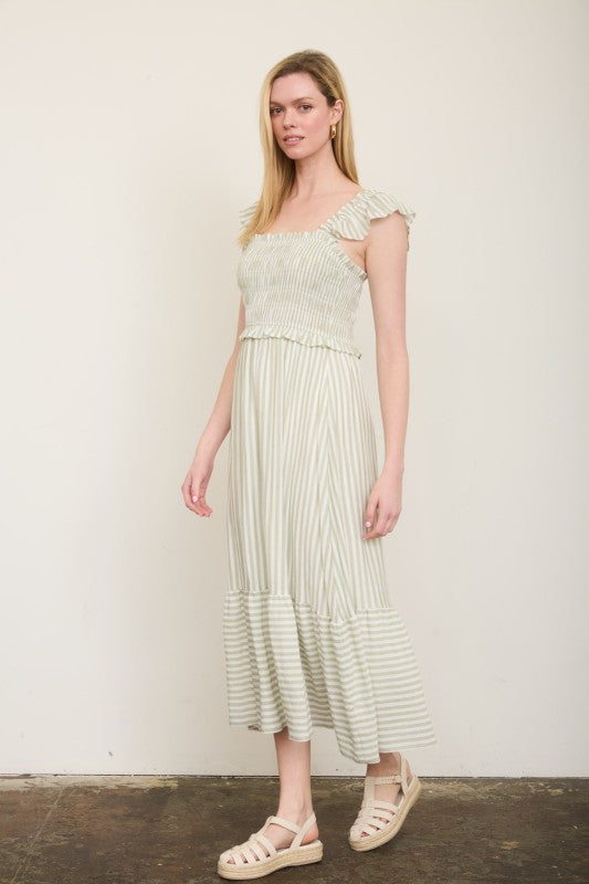 Stripe Smocked Ruffle Trim Midi Dress