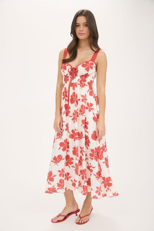 Floral Sweetheart Front Tie With Cutout Midi Dress