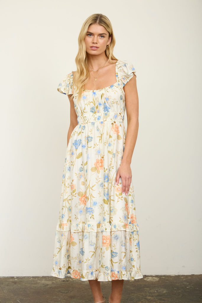 Floral Scoop Neck Ruffle Short Sleeve Midi Dress