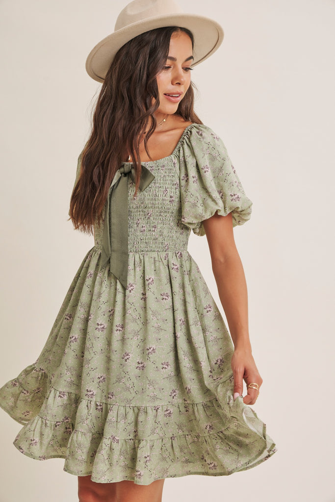 Autumn Garden Bow Smocked Mini Dress With Bubble Slvs