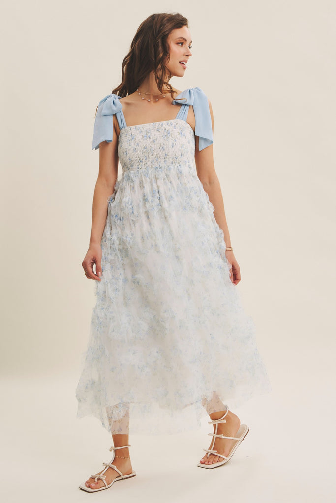 Textured Floral Smocked Midi Dress Tie Straps