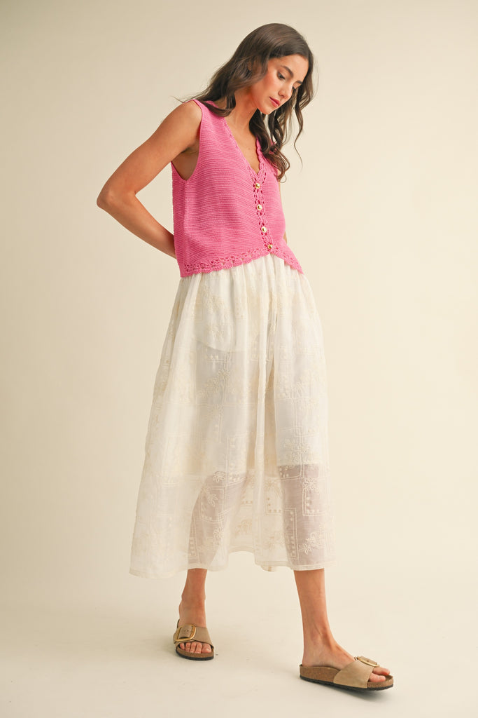 Crochet Trimmed Button Down Sweater Vest