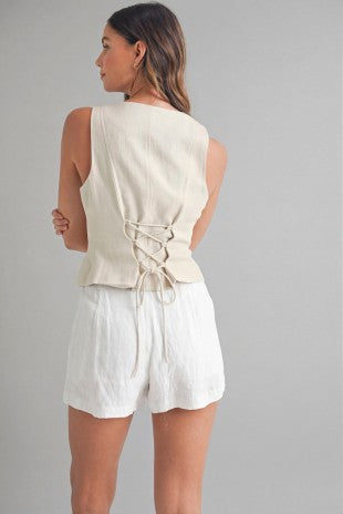 Linen Front Button Front Back Lace Up Vest