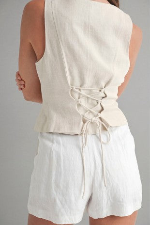 Linen Front Button Front Back Lace Up Vest