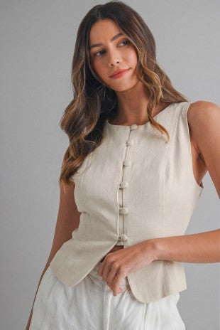 Linen Front Button Front Back Lace Up Vest