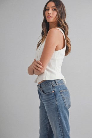 Linen Front Button Front Back Lace Up Vest