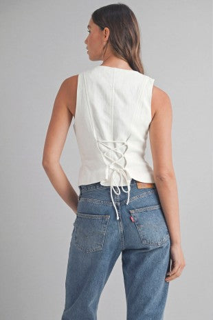 Linen Front Button Front Back Lace Up Vest