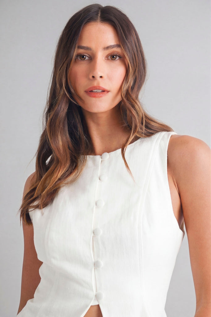 Linen Front Button Front Back Lace Up Vest