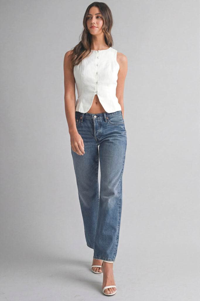 Linen Front Button Front Back Lace Up Vest