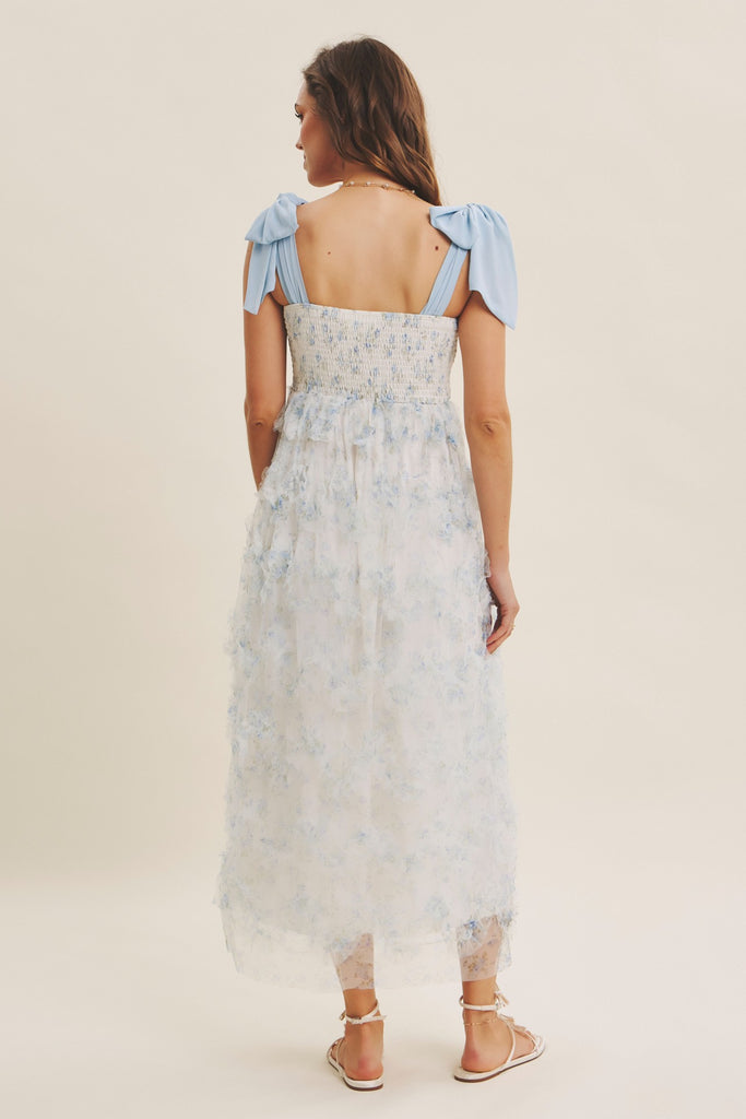 Textured Floral Smocked Midi Dress Tie Straps