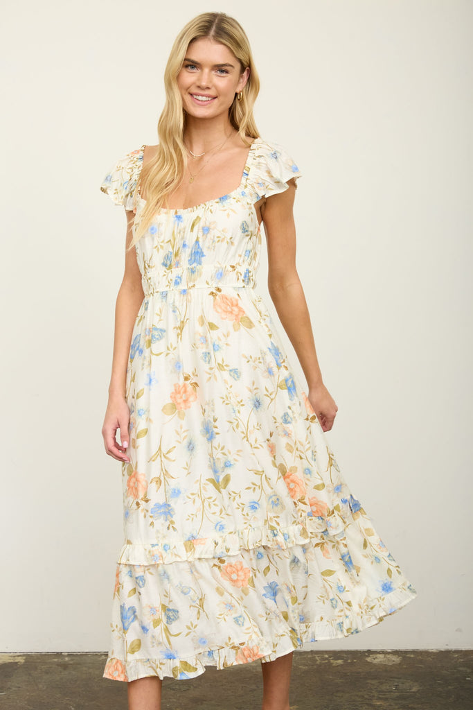 Floral Sweetheart Puff Sleeve Corset Midi Dress
