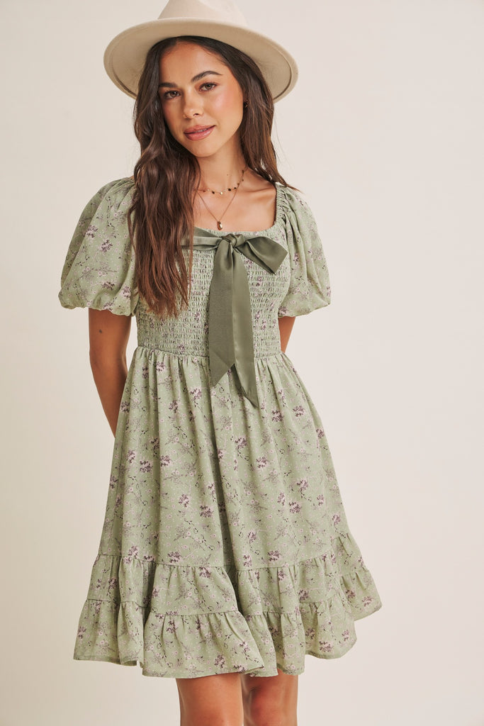 Autumn Garden Bow Smocked Mini Dress With Bubble Slvs