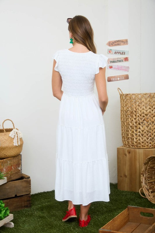 Flutter Sleeve V Neck Smocked Midi Dress
