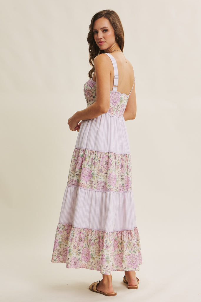 Dreamy Ideal Florals And Stripes Tiered Midi Dress