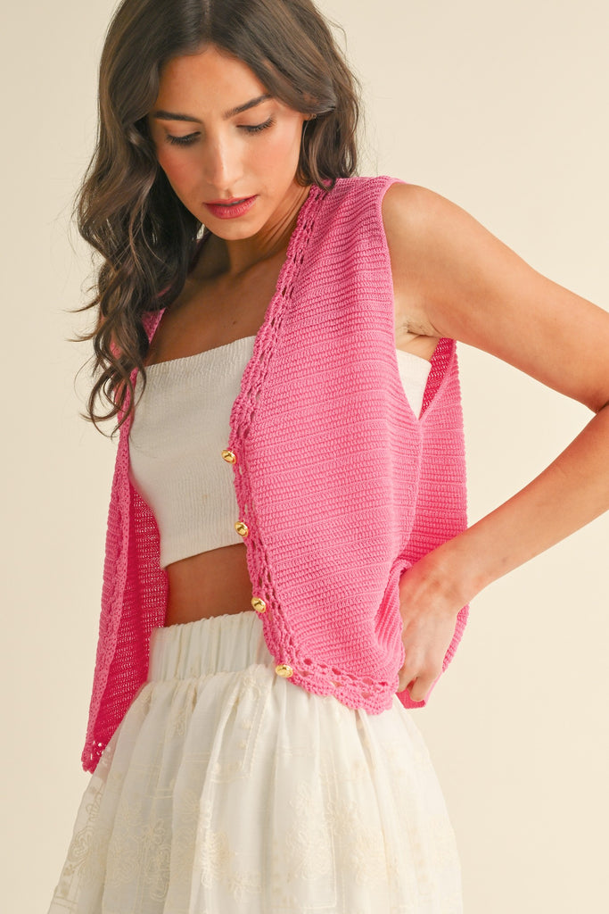 Crochet Trimmed Button Down Sweater Vest