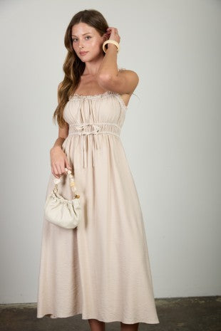 Shirred Stripe Front Tie Sleeveless Midi Dress