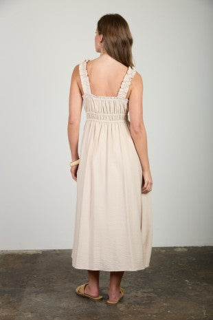 Shirred Stripe Front Tie Sleeveless Midi Dress