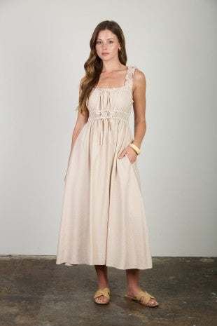 Shirred Stripe Front Tie Sleeveless Midi Dress