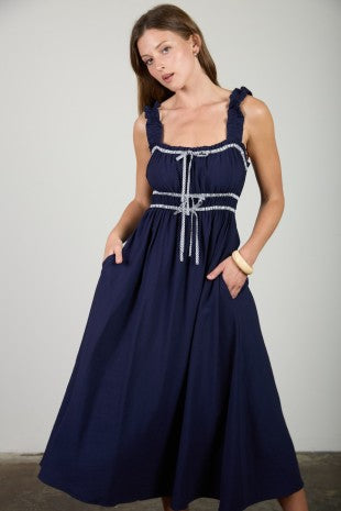 Shirred Stripe Front Tie Sleeveless Midi Dress