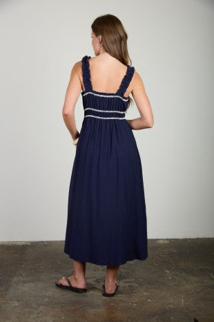 Shirred Stripe Front Tie Sleeveless Midi Dress