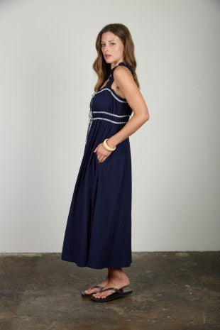 Shirred Stripe Front Tie Sleeveless Midi Dress