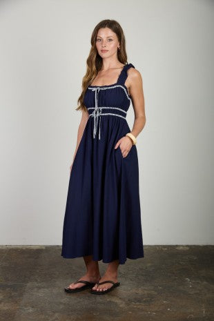 Shirred Stripe Front Tie Sleeveless Midi Dress